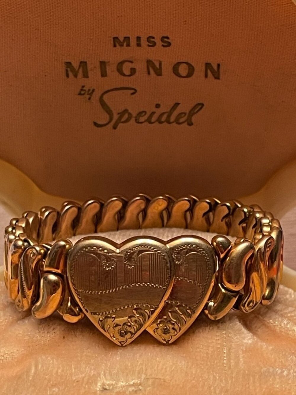 Vtg WWII Phoenix Speidel Etched GF Sweetheart Double Heart Expansion Bracelet In